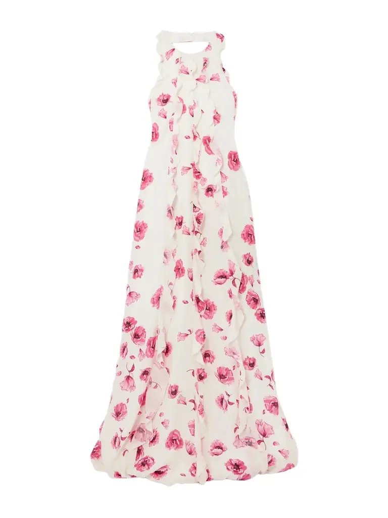 Emilia Wickstead Fleurine Ruffled Floral-print Silk Crepe De Chine Halterneck Gown
