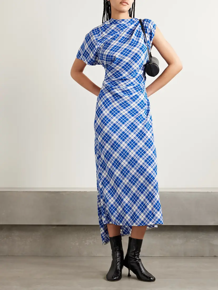 Proenza Schouler Hallie Ruched Checked Twill Midi Dress | Thumbnail 2 Proenza Schouler Hallie Ruched Checked Twill Midi Dress | Thumbnail 2