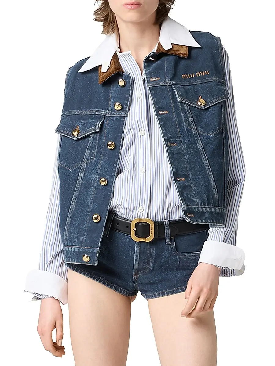 Miu Miu Women's Flocked Denim and Velvet Vest - Blue | Thumbnail 2