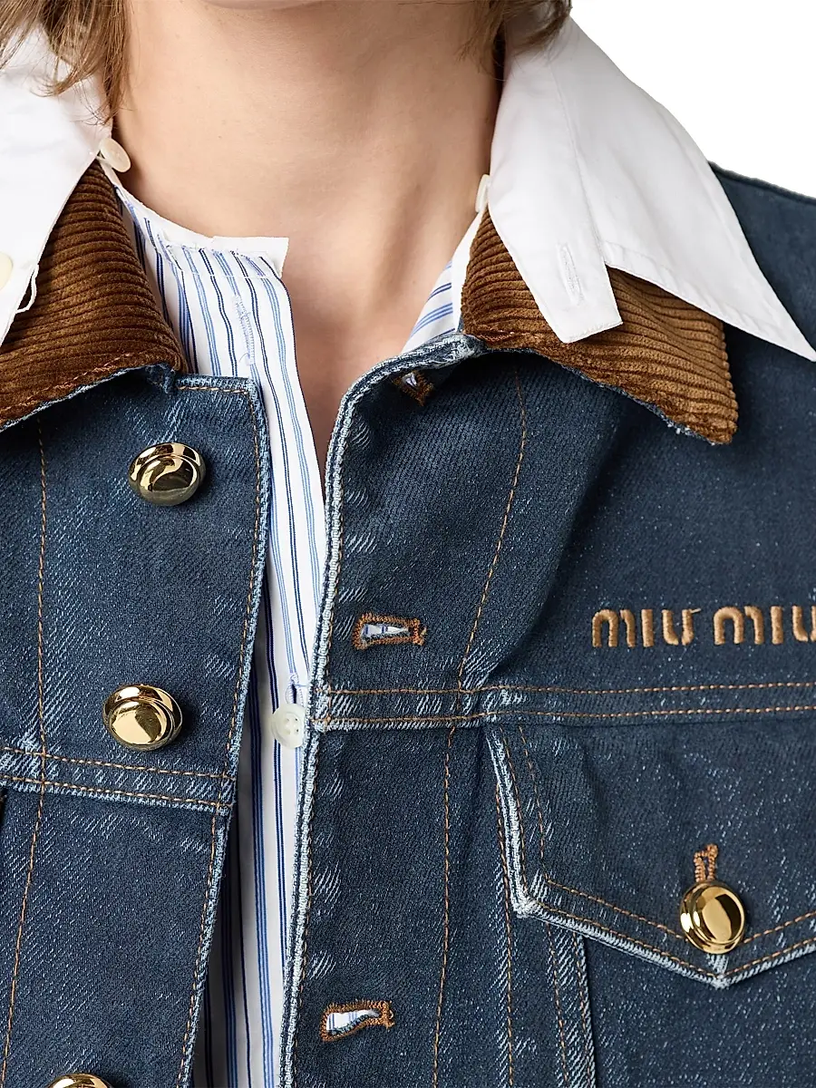 Miu Miu Women's Flocked Denim and Velvet Vest - Blue | Thumbnail 4