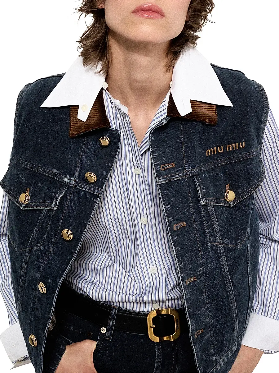 Miu Miu Women's Flocked Denim and Velvet Vest - Blue | Thumbnail 5