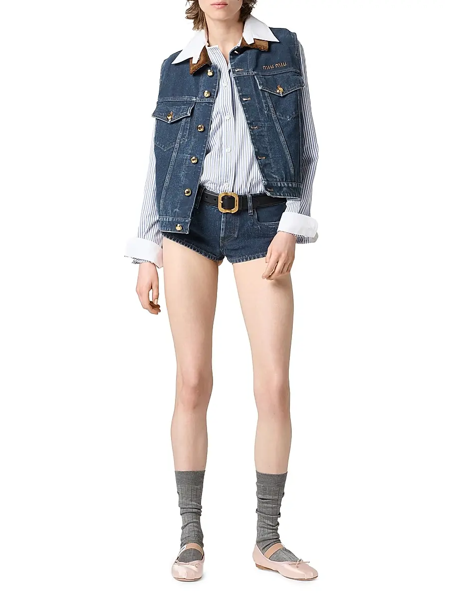 Miu Miu Women's Flocked Denim and Velvet Vest - Blue | Thumbnail 7