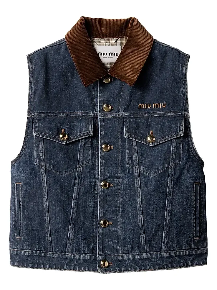 Miu Miu Women's Flocked Denim and Velvet Vest - Blue