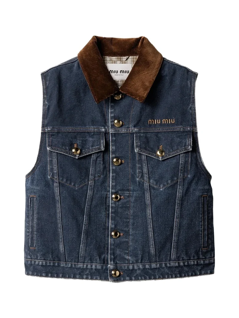 Miu Miu Women's Flocked Denim and Velvet Vest - Blue