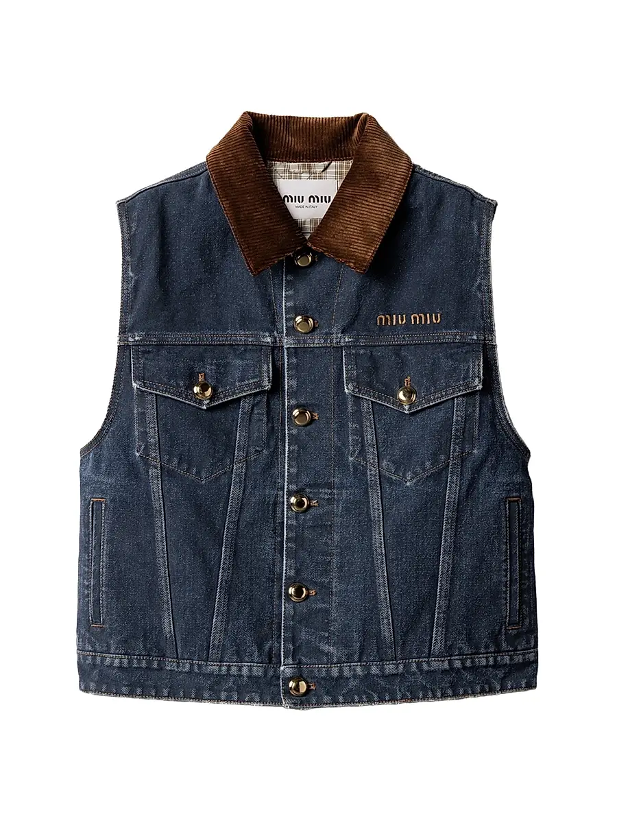 Miu Miu Women's Flocked Denim and Velvet Vest - Blue