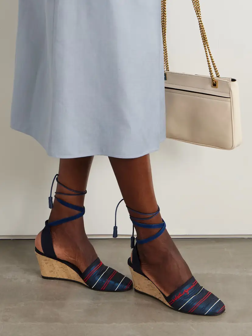 Valentino Garavani La Cruisette 75 Tasseled Embroidered Canvas Wedge Sandals | Thumbnail 2 Valentino Garavani La Cruisette 75 Tasseled Embroidered Canvas Wedge Sandals | Thumbnail 2