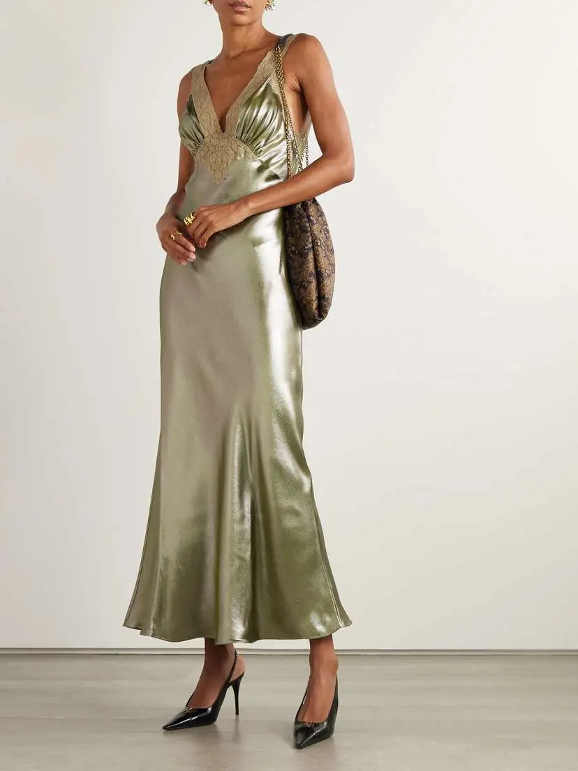 Saint Laurent Lace-trimmed Gathered Silk-charmeuse Maxi Dress | Thumbnail 2 Saint Laurent Lace-trimmed Gathered Silk-charmeuse Maxi Dress | Thumbnail 2