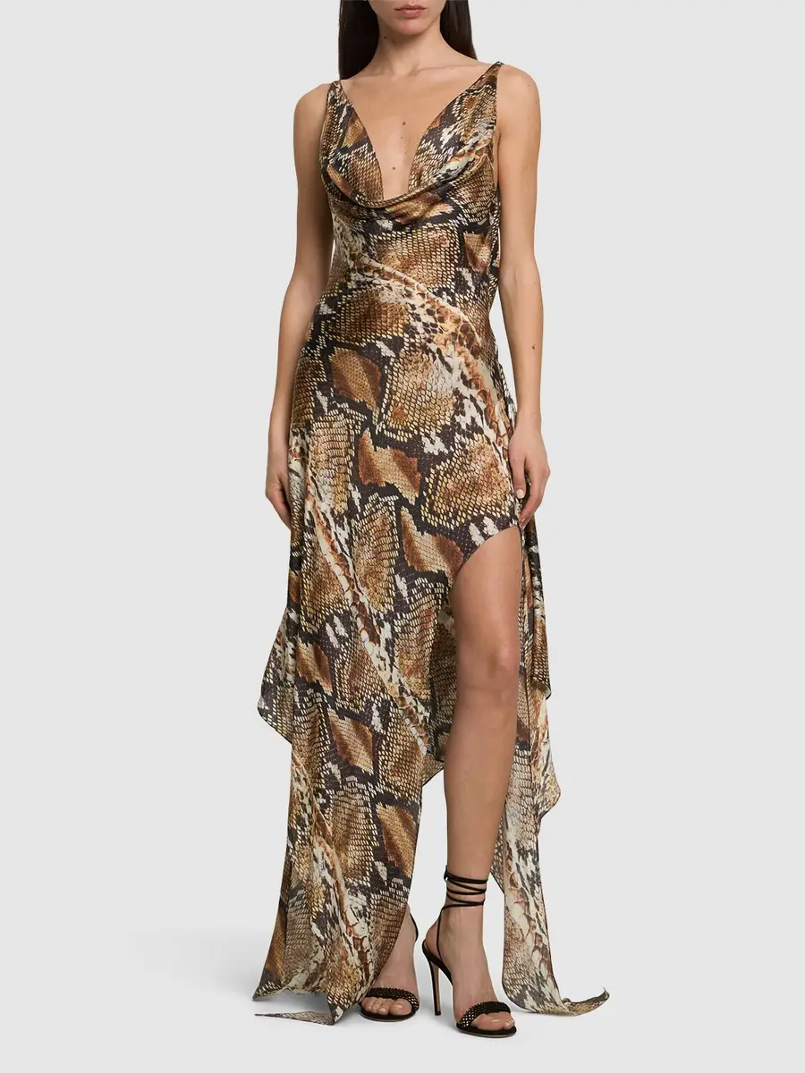 ROBERTO CAVALLI Printed Silk Chiffon Satin Long Dress | Thumbnail 2