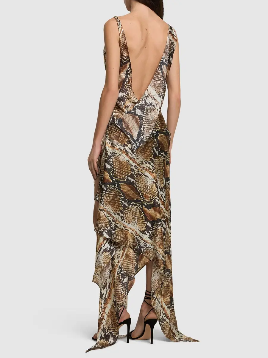 ROBERTO CAVALLI Printed Silk Chiffon Satin Long Dress | Thumbnail 3