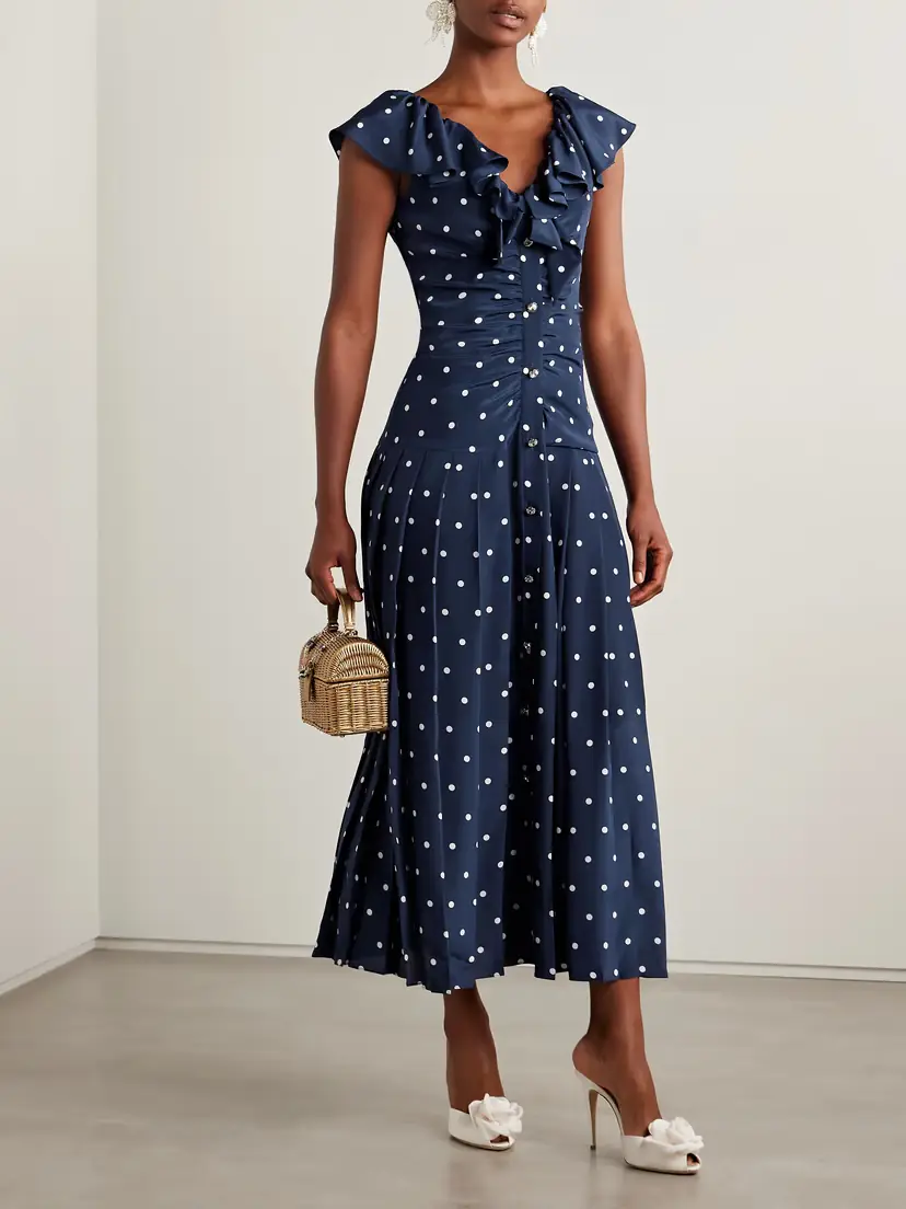 Alessandra Rich Pleated Gathered Polka-dot Silk Crepe De Chine Midi Dress | Thumbnail 2 Alessandra Rich Pleated Gathered Polka-dot Silk Crepe De Chine Midi Dress | Thumbnail 2