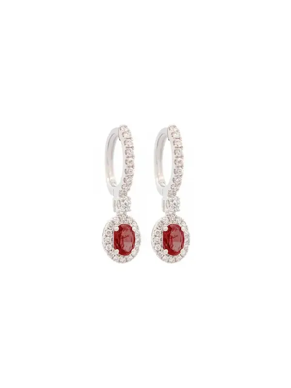 1.62ct Diamond Ruby 18K Gold Halo Dangle Drop Earrings