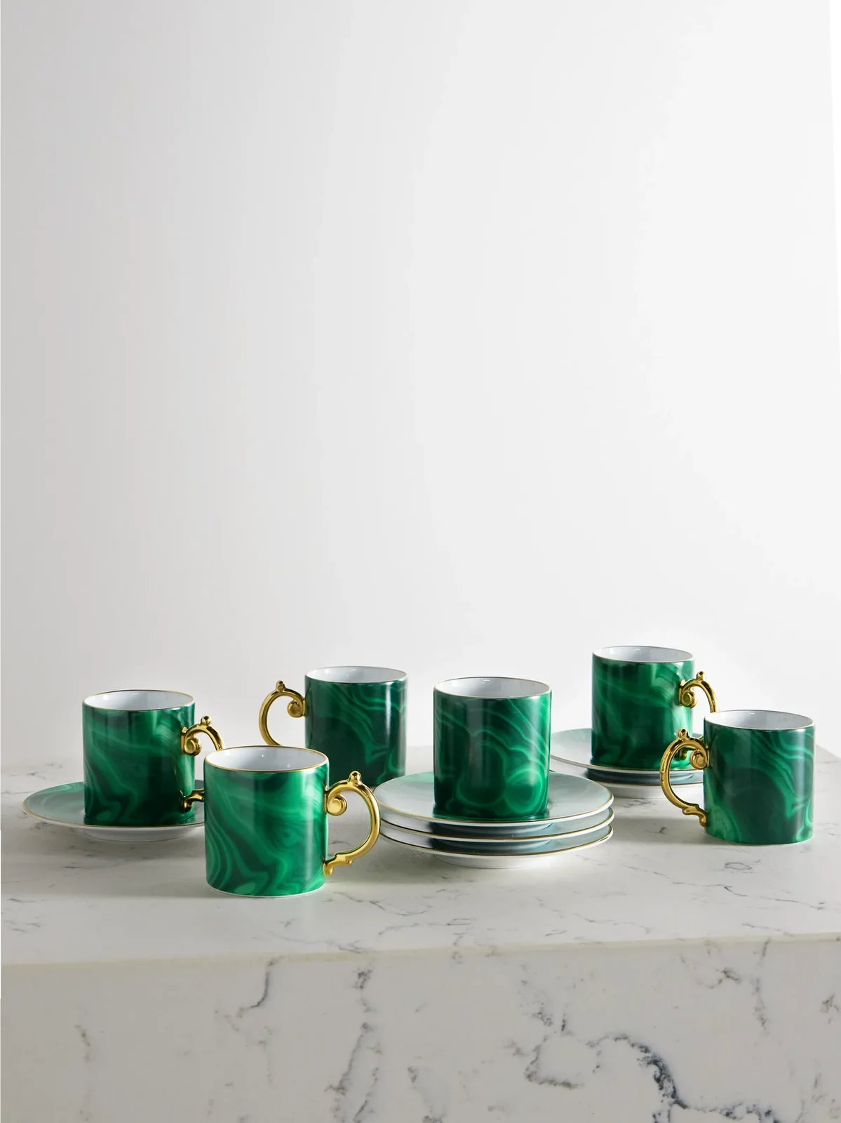 L'Objet Malachite Set Of Six Porcelain Espresso Cups And Saucers - Green