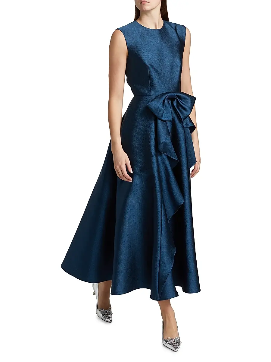 Shoshanna Women's Leo Textured Satin Bow Midi-Dress | Thumbnail 2 Shoshanna Women's Leo Textured Satin Bow Midi-Dress | Thumbnail 2