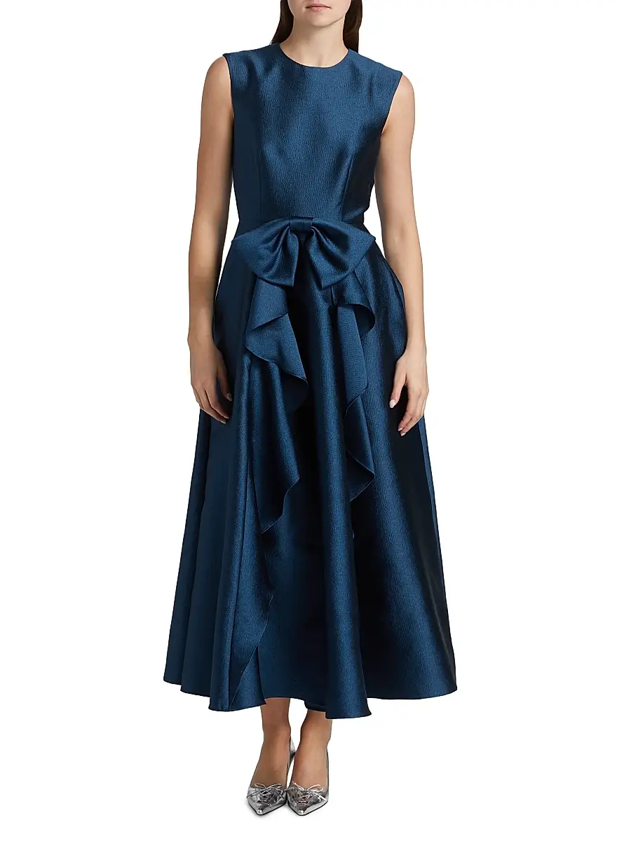 Shoshanna Women's Leo Textured Satin Bow Midi-Dress | Thumbnail 3 Shoshanna Women's Leo Textured Satin Bow Midi-Dress | Thumbnail 3