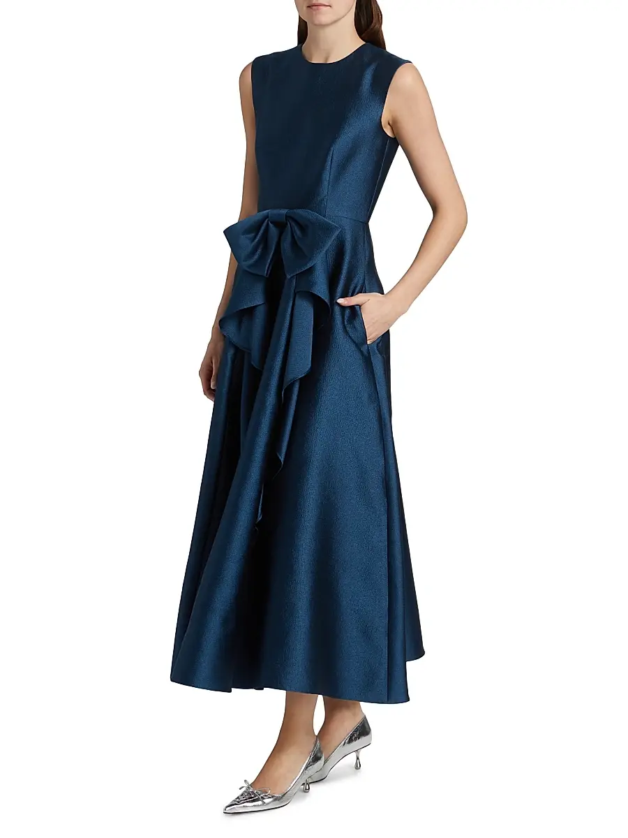 Shoshanna Women's Leo Textured Satin Bow Midi-Dress | Thumbnail 4 Shoshanna Women's Leo Textured Satin Bow Midi-Dress | Thumbnail 4