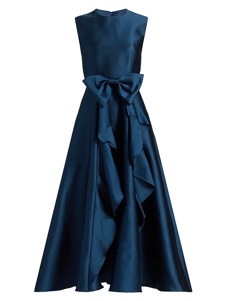 Shoshanna Women's Leo Textured Satin Bow Midi-Dress - Navy | Image 1 Shoshanna Women's Leo Textured Satin Bow Midi-Dress - Navy | Image 1