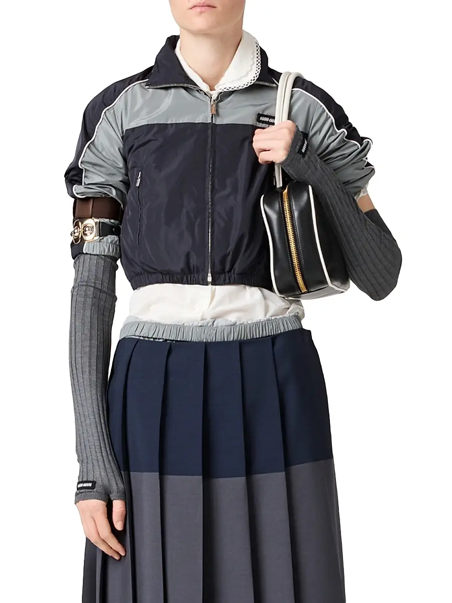 Miu Miu Women's Technical Silk Zipper Blouson Jacket - Blue | Thumbnail 2 Miu Miu Women's Technical Silk Zipper Blouson Jacket - Blue | Thumbnail 2