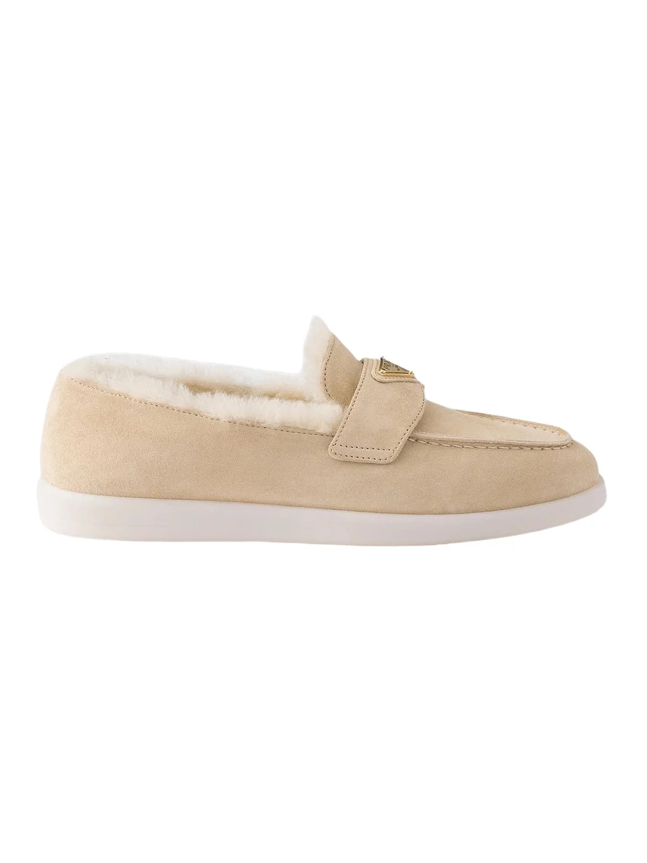 Women's Suede and Shearling Loafers - Beige Khaki
