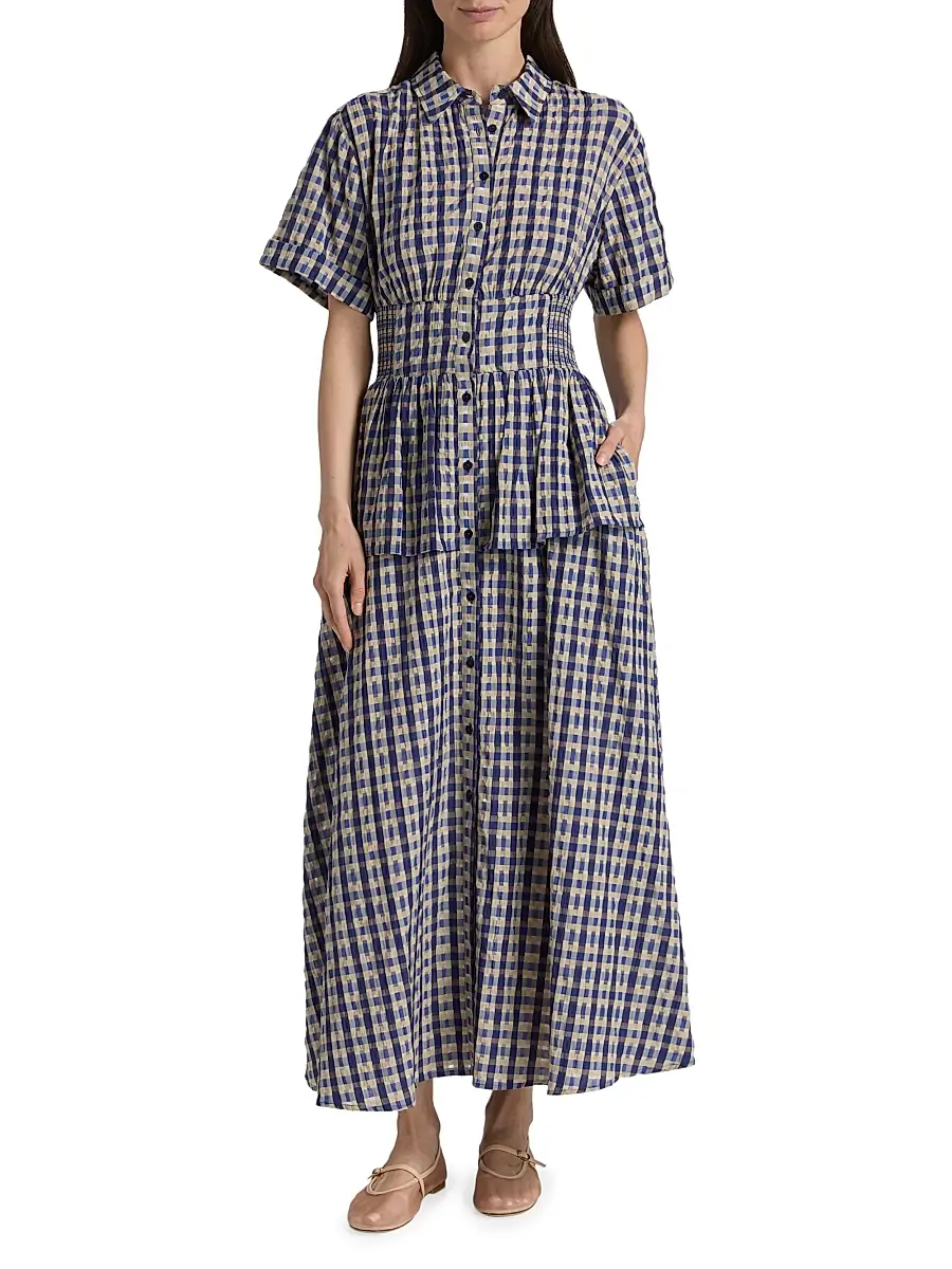 Rosie Assoulin Women's Boogie Woogie Bugle Peplum Maxi Dress - Navy Check | Thumbnail 3 Rosie Assoulin Women's Boogie Woogie Bugle Peplum Maxi Dress - Navy Check | Thumbnail 3