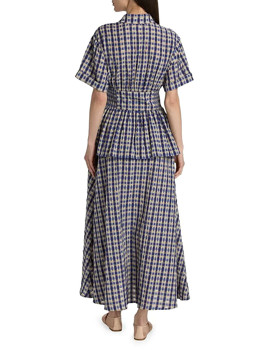 Rosie Assoulin Women's Boogie Woogie Bugle Peplum Maxi Dress - Navy Check | Thumbnail 5 Rosie Assoulin Women's Boogie Woogie Bugle Peplum Maxi Dress - Navy Check | Thumbnail 5