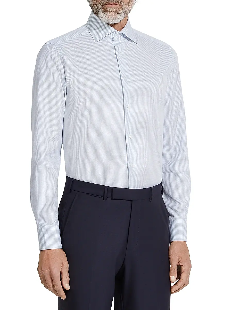 ZEGNA Men's Checked Centoventimila Cotton Shirt - Light Blue White | Thumbnail 2 ZEGNA Men's Checked Centoventimila Cotton Shirt - Light Blue White | Thumbnail 2