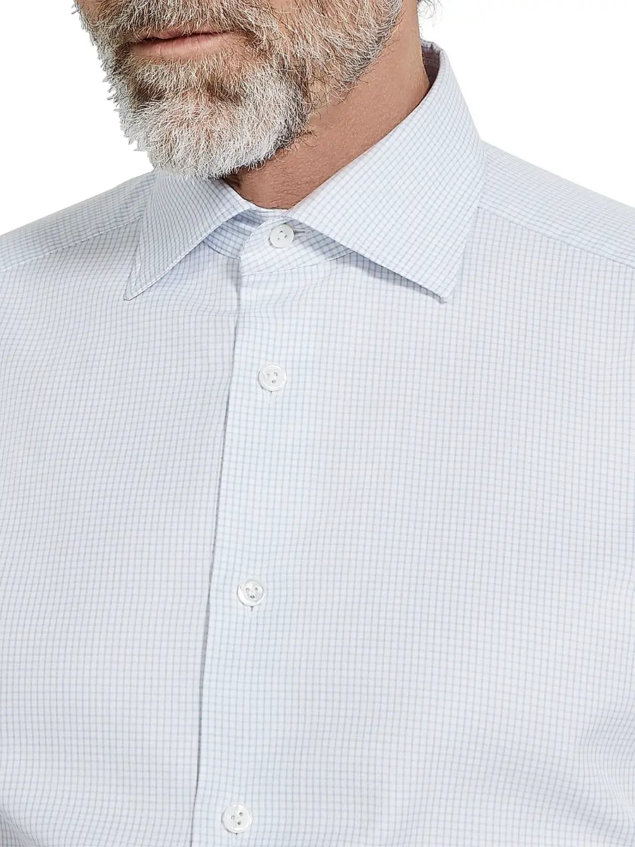 ZEGNA Men's Checked Centoventimila Cotton Shirt - Light Blue White | Thumbnail 4 ZEGNA Men's Checked Centoventimila Cotton Shirt - Light Blue White | Thumbnail 4