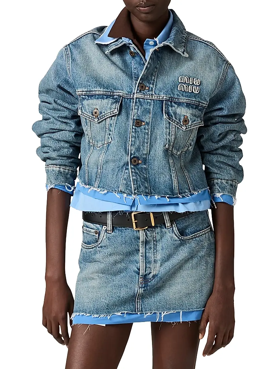 Miu Miu Women's Denim and Poplin Trucker Jacket | Thumbnail 2 Miu Miu Women's Denim and Poplin Trucker Jacket | Thumbnail 2