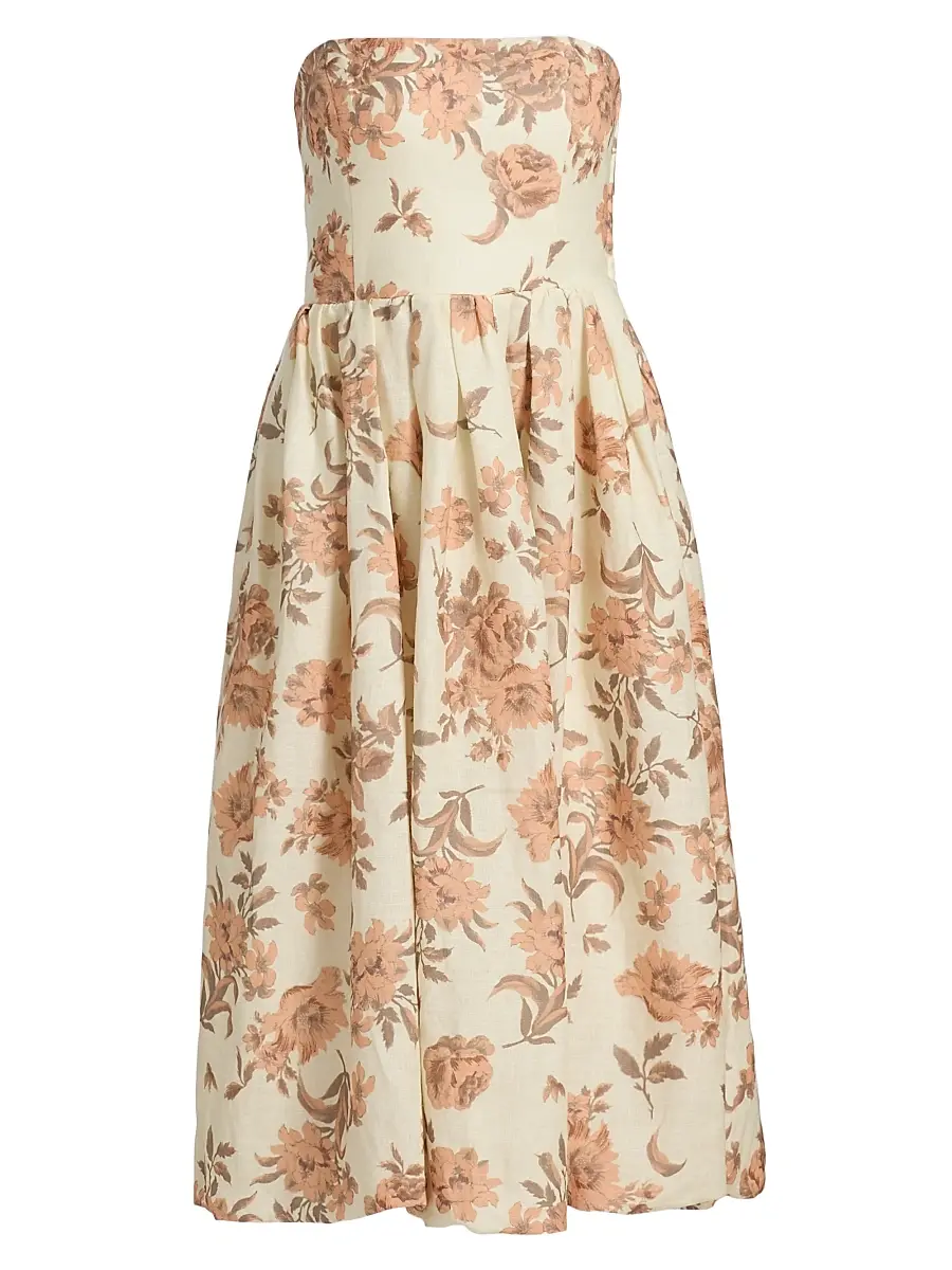 Cara Cara Women's Anisha Floral Linen Strapless Midi-Dress - Farfella Border Egret | Image 1 Cara Cara Women's Anisha Floral Linen Strapless Midi-Dress - Farfella Border Egret | Image 1