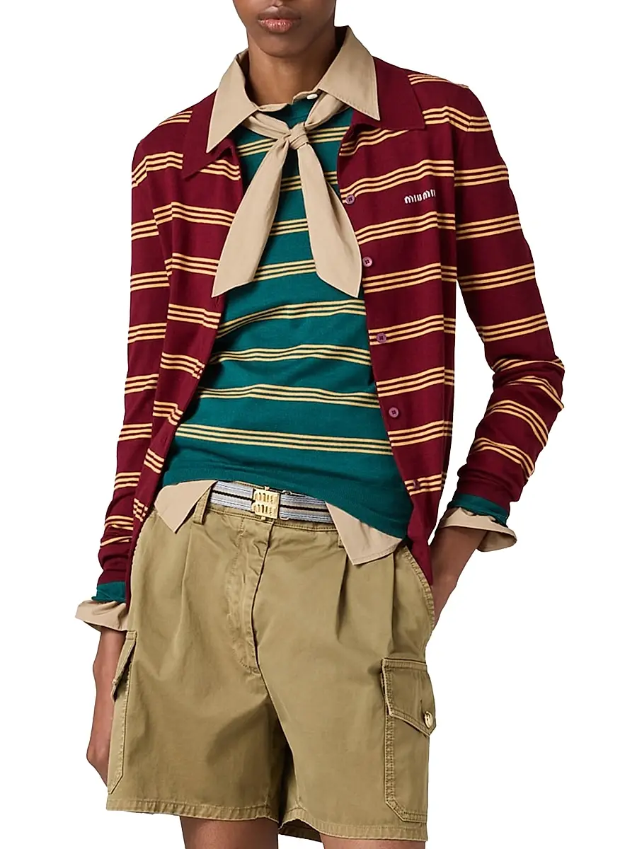 Miu Miu Women's Striped Cashmere and Silk Cardigan - Dark Red | Thumbnail 2 Miu Miu Women's Striped Cashmere and Silk Cardigan - Dark Red | Thumbnail 2