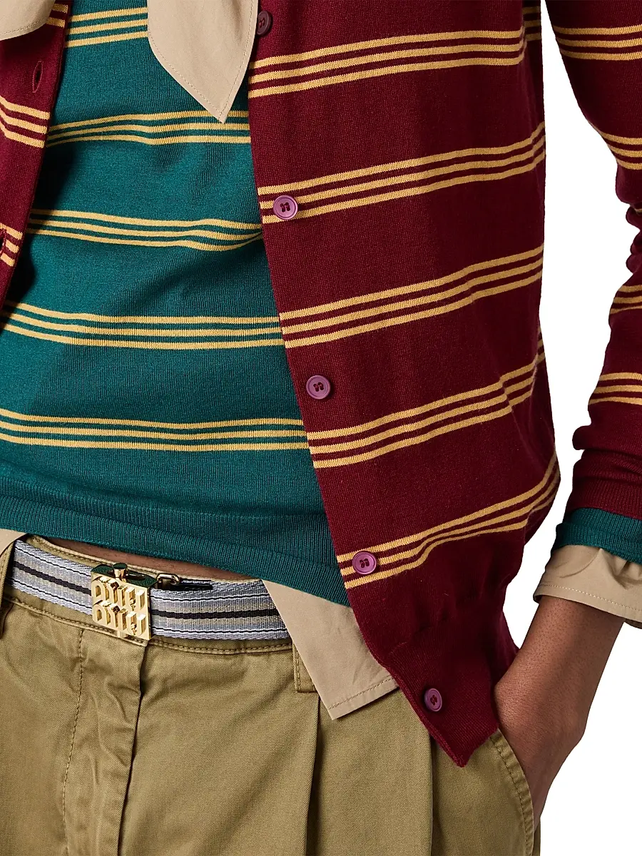 Miu Miu Women's Striped Cashmere and Silk Cardigan - Dark Red | Thumbnail 4 Miu Miu Women's Striped Cashmere and Silk Cardigan - Dark Red | Thumbnail 4