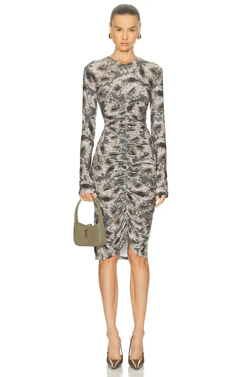 Norma Kamali Long Sleeve V Neck Shirred Front Dress | Image 1 Norma Kamali Long Sleeve V Neck Shirred Front Dress | Image 1