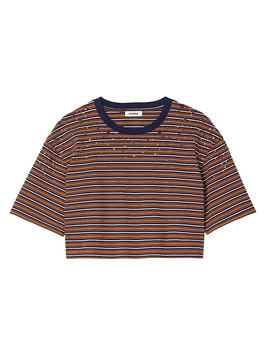 Sandro Women's Striped Rhinestone T-Shirt - Brown Multi | Image 1 Sandro Women's Striped Rhinestone T-Shirt - Brown Multi | Image 1