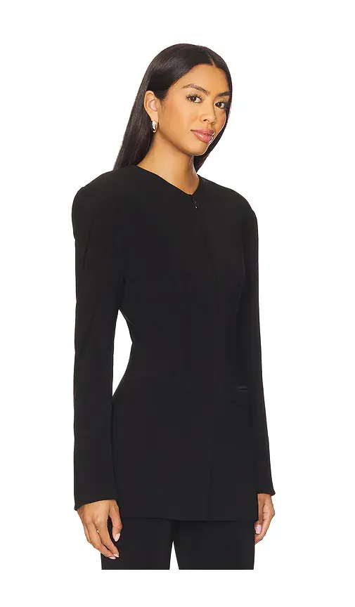 Norma Kamali Long Sleeve Shoulder Pad V Neck Zip Front Jacket | Thumbnail 2 Norma Kamali Long Sleeve Shoulder Pad V Neck Zip Front Jacket | Thumbnail 2