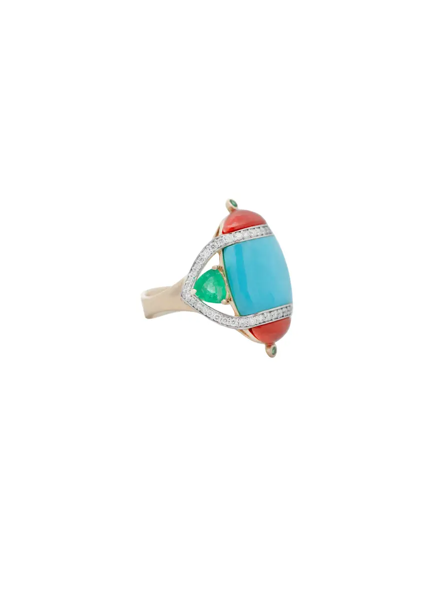 Wish Fine Jewelry 8.97ct Diamond Emerald Turquoise Coral 18K Gold Cocktail Ring | Thumbnail 2