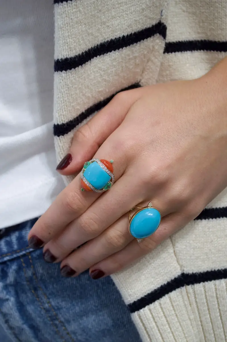 Wish Fine Jewelry 8.97ct Diamond Emerald Turquoise Coral 18K Gold Cocktail Ring | Thumbnail 3