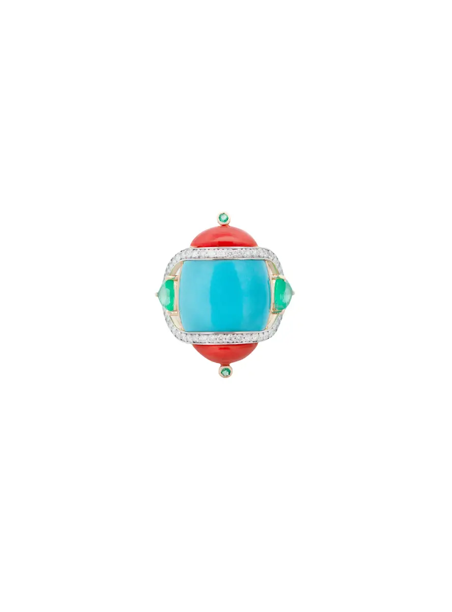 Wish Fine Jewelry 8.97ct Diamond Emerald Turquoise Coral 18K Gold Cocktail Ring | Image 1 Wish Fine Jewelry 8.97ct Diamond Emerald Turquoise Coral 18K Gold Cocktail Ring | Image 1