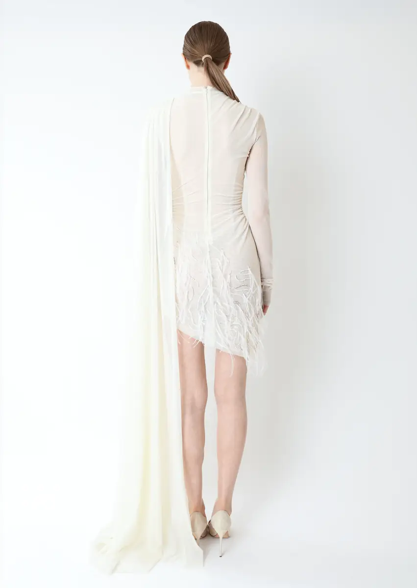 LAPOINTE Mesh High Neck Cape Dress With Feathers | Thumbnail 2 LAPOINTE Mesh High Neck Cape Dress With Feathers | Thumbnail 2