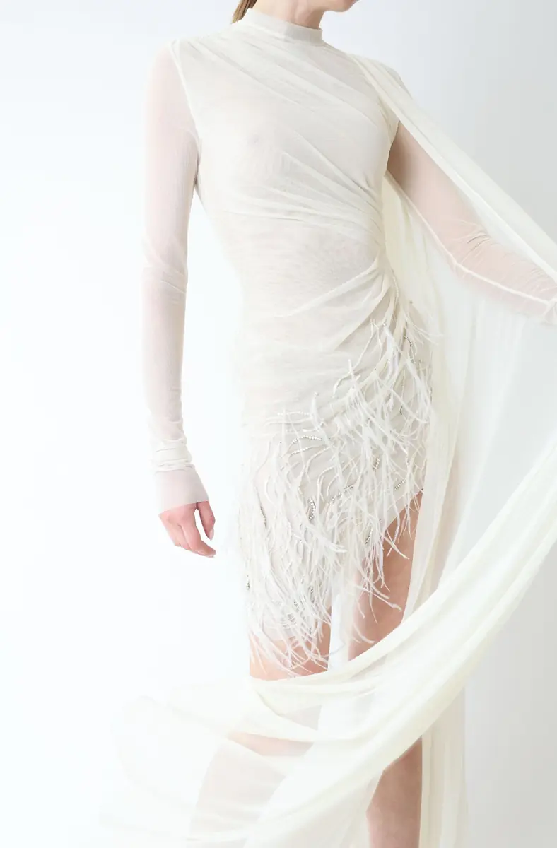 LAPOINTE Mesh High Neck Cape Dress With Feathers | Thumbnail 3 LAPOINTE Mesh High Neck Cape Dress With Feathers | Thumbnail 3