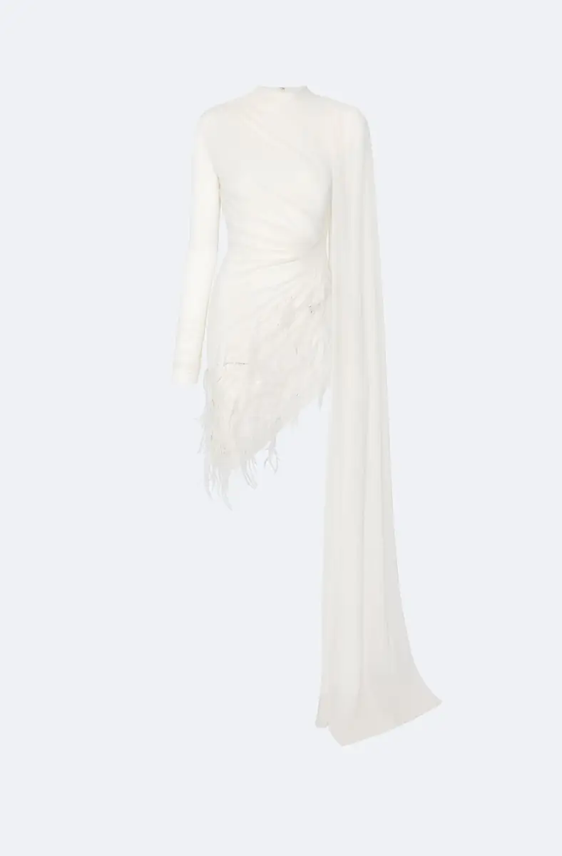 LAPOINTE Mesh High Neck Cape Dress With Feathers | Thumbnail 4 LAPOINTE Mesh High Neck Cape Dress With Feathers | Thumbnail 4