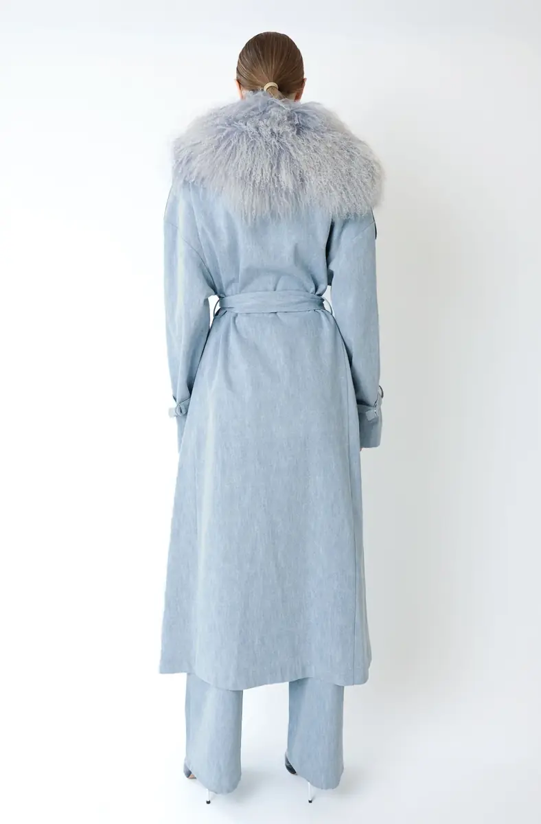 Lapointe Washed Denim Relaxed Trench With Mongolian | Thumbnail 3