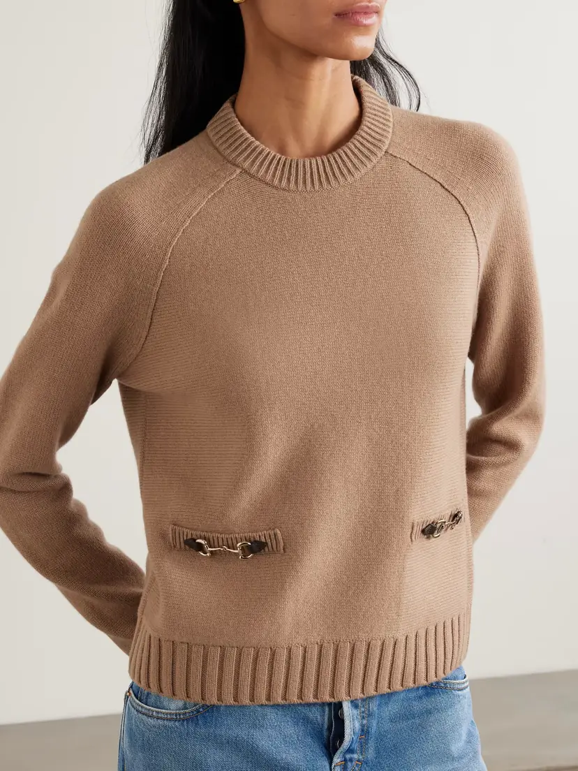 Gucci Horsebit-embellished Leather-trimmed Wool And Cashmere-blend Sweater | Thumbnail 3
