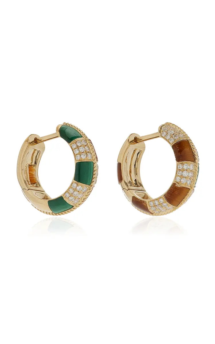 Yvonne Léon Checked 9K Yellow Gold Tiger's Eye; Malachite Hoop Earrings | Thumbnail 4 Yvonne Léon Checked 9K Yellow Gold Tiger's Eye; Malachite Hoop Earrings | Thumbnail 4