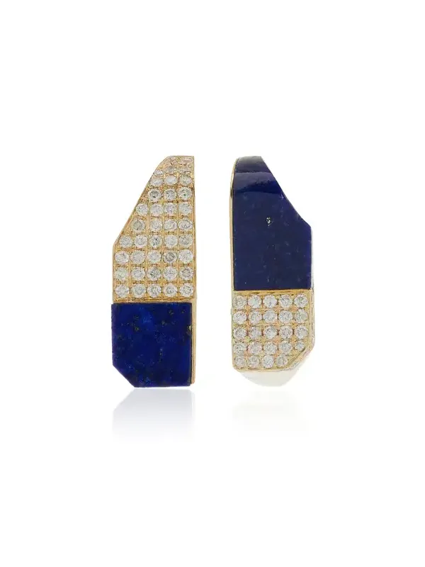 Checked 9K Yellow Gold Lapis; Diamond Hoop Earrings Checked 9K Yellow Gold Lapis; Diamond Hoop Earrings