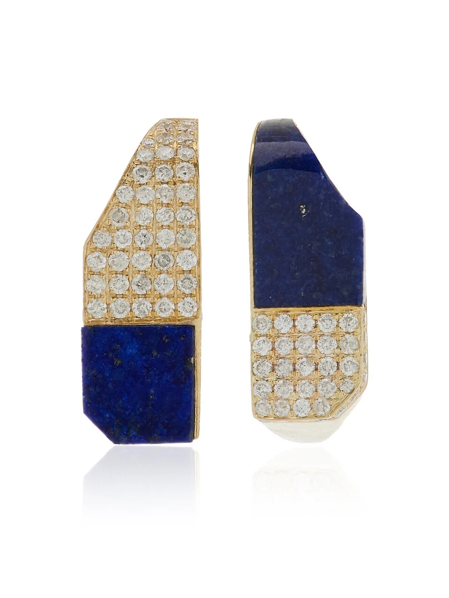 Checked 9K Yellow Gold Lapis; Diamond Hoop Earrings Checked 9K Yellow Gold Lapis; Diamond Hoop Earrings