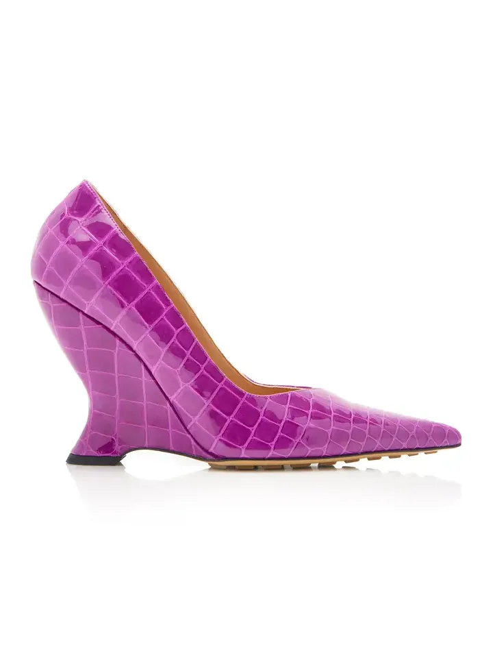 Bottega Veneta Croc-Embossed Leather Wedge Pumps