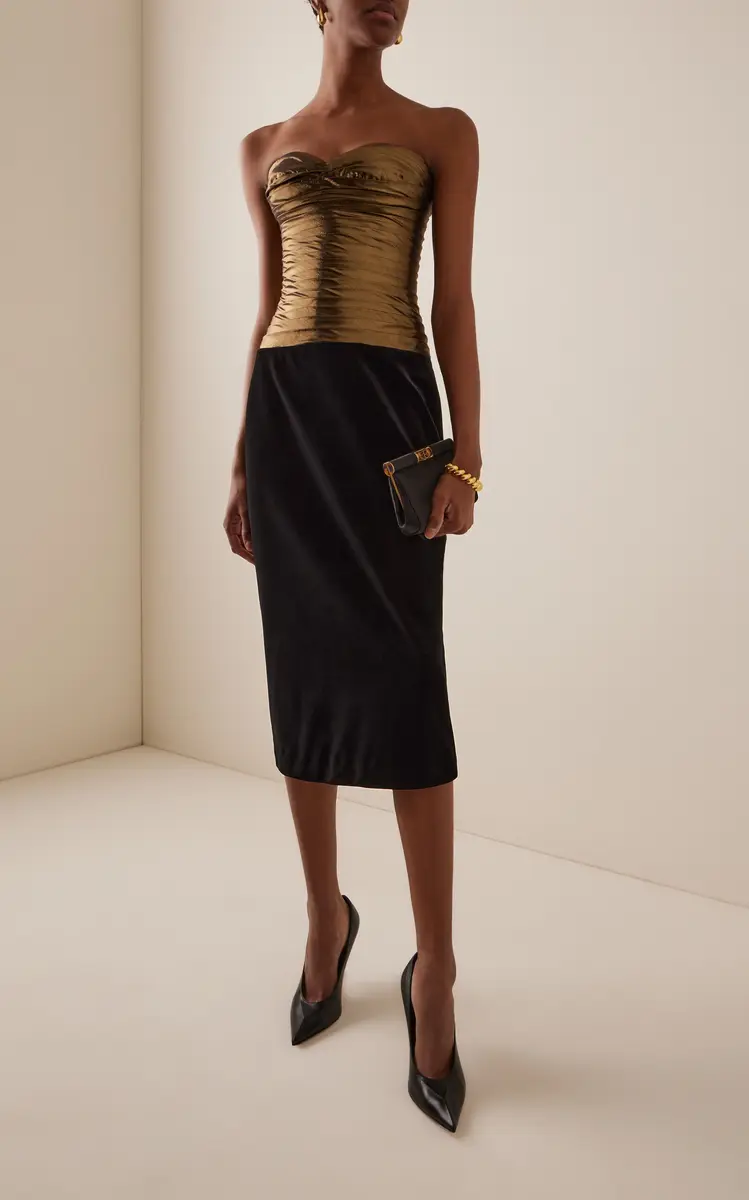 Sergio Hudson Pleated Lame and Stretch-Velvet Midi Dress | Thumbnail 2