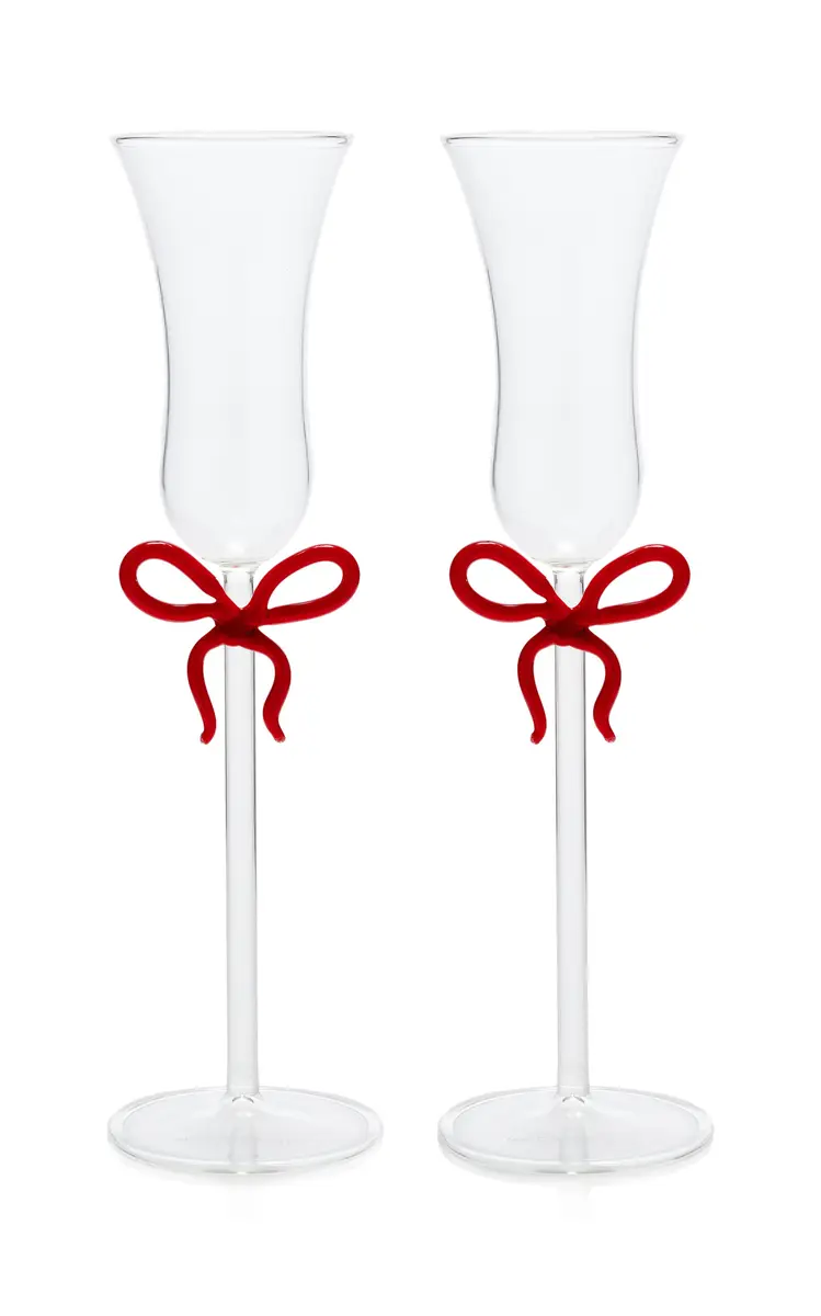 Moda Domus Set-of-Two Bow-Detailed Glass Champagne Flutes - Red