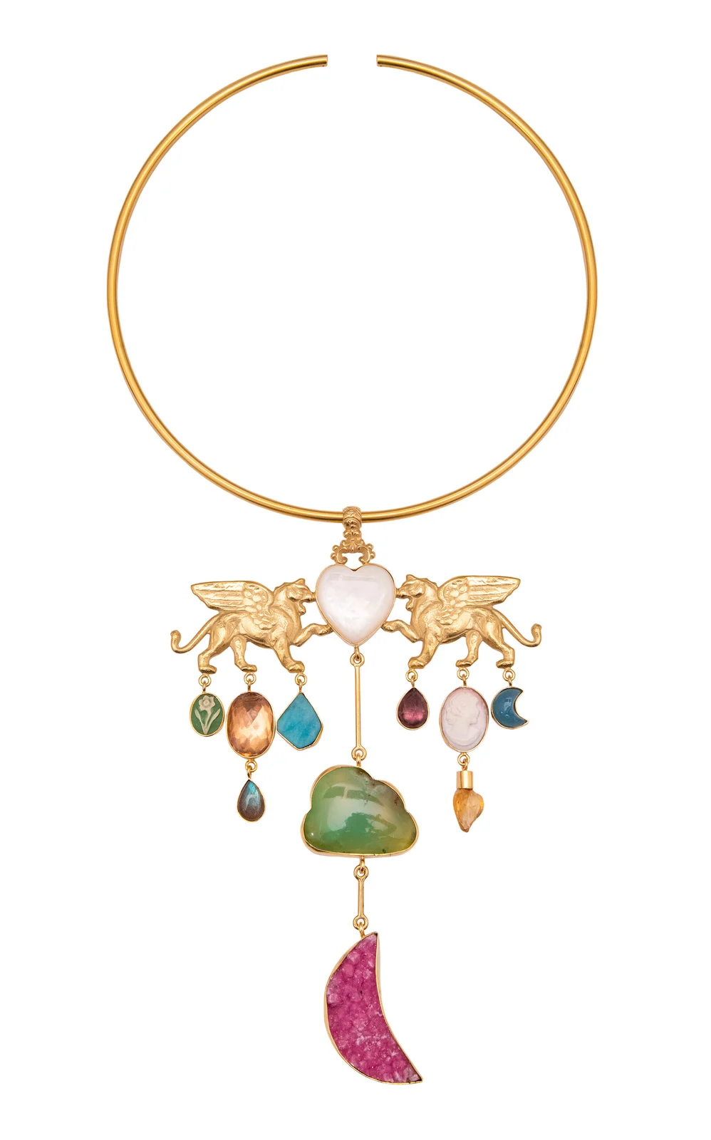 18K Gold Plated Silver and Mixed Materials Winged Lion Heart Necklace
