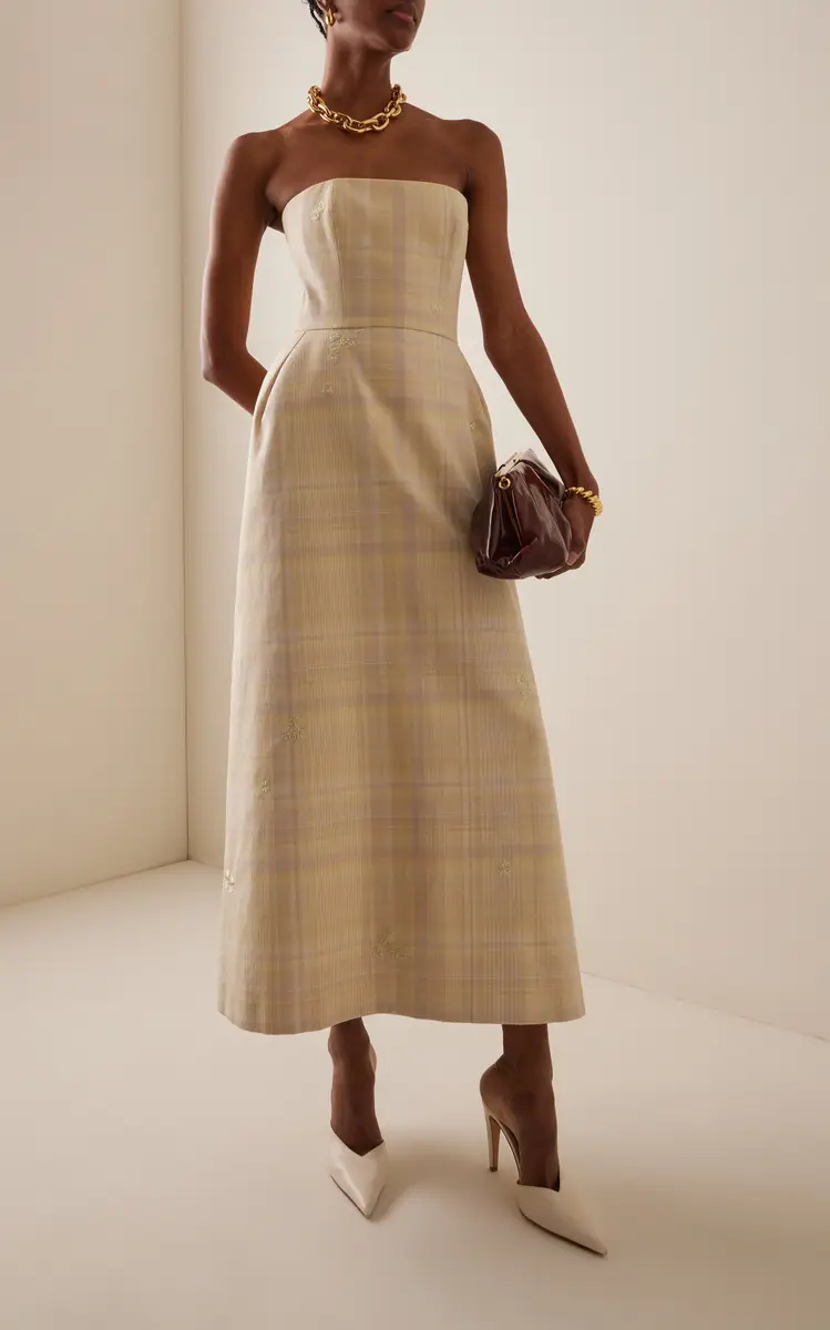 DELPOZO Exclusive Architectural Floral-Embroidered Tartan-Checked Cotton Midi Dress | Thumbnail 2