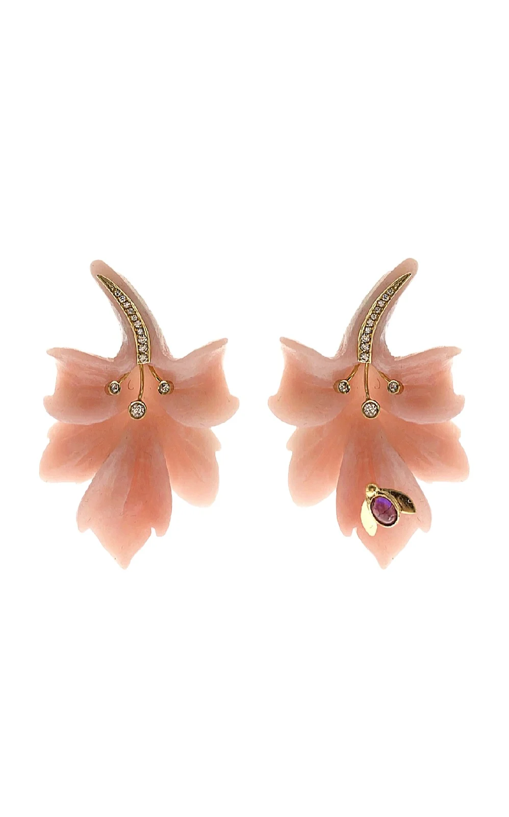 CASA CASTRO 18k Yellow Gold Earrings with Angel Skin Coral; Diamonds; and Amethyst